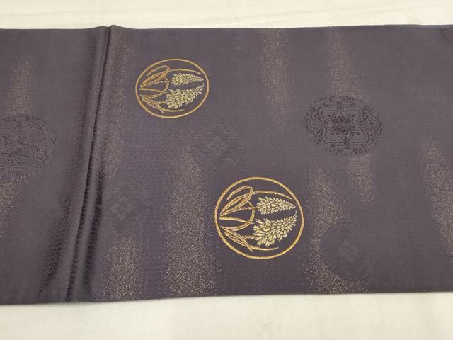 袋帯 六通柄袋帯 金糸 ゴールド 霞文様に唐織 花菱 パープル 紫