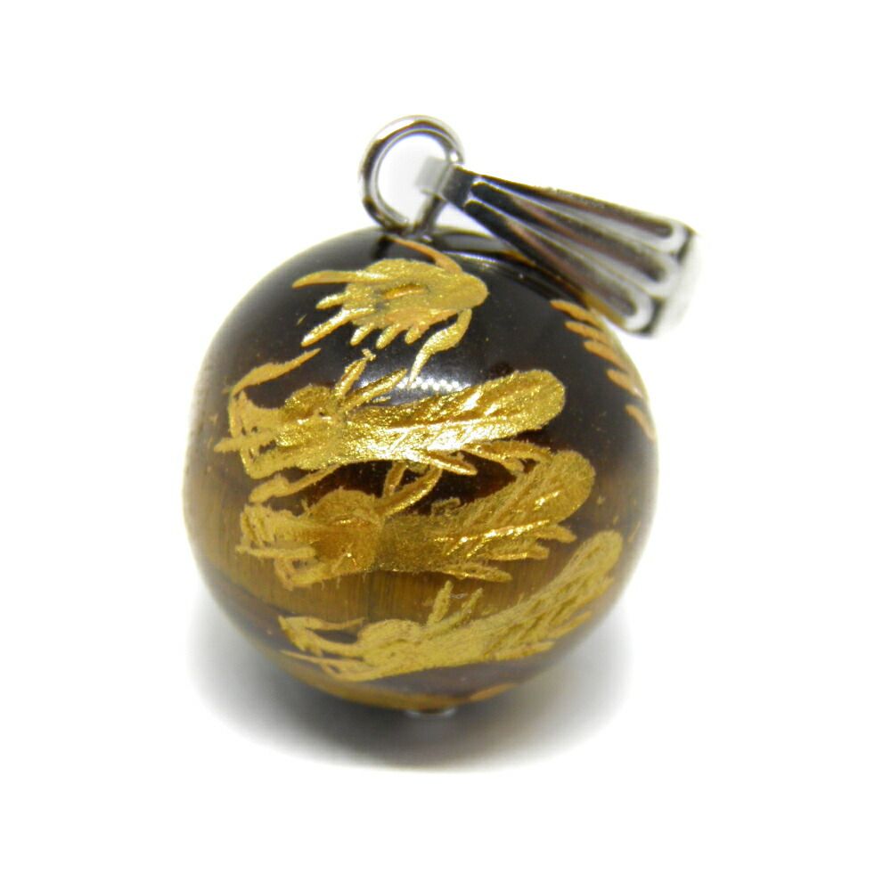 仏　龍　タイガーアイ　ペンダントトップ　ビーズ 九頭龍 くずりゅう タイガーアイ(金色入り）14mm ペンダント