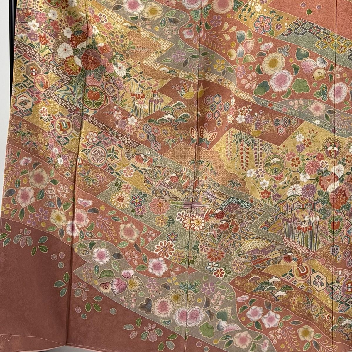 訪問着 身丈167.5cm 裄丈67cm M 袷 菊 宝尽くし 金彩 サーモンピンク 正絹