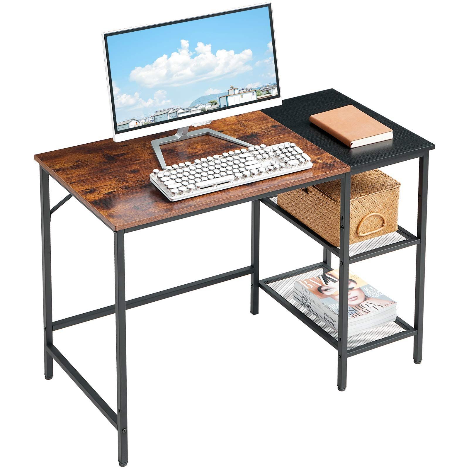 【在庫処分】パソコンデスク 机 幅100×奥行50×高さ75cm PCデスク 2つの調節可能な収納棚付き 勉強机 ゲーミングデスク Aibiju 安定した金属フレーム 頑丈で組立簡単 耐荷重100kg 素朴なブラウン J