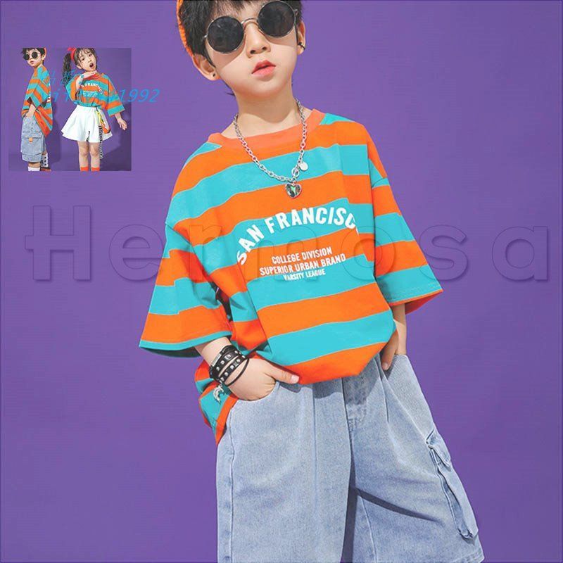 大得価，SALE キッズ ダンス 衣装 セット衣装 ヒップホップ スカート 応援団 発表会 女の子 HIPHOP 体操服発表会 お遊び会 派手 K-POP ダンス 練習着 送料無料 オレンジ しま  vii3v441992 ドレス