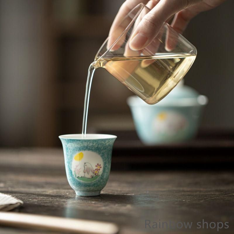 新品未使用】景徳鎮 陶器 手作り 手描き 玉兎 茶杯 2点セット