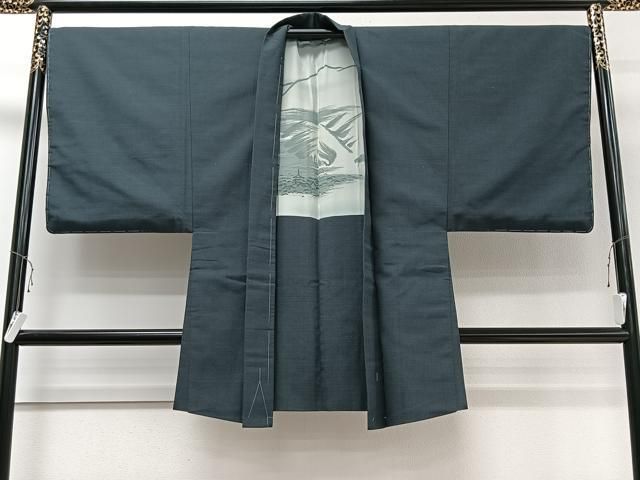 平和屋着物＃男性 長羽織 お召地 紋付き 藍鉄色 正絹 ♥ CAAV5608id