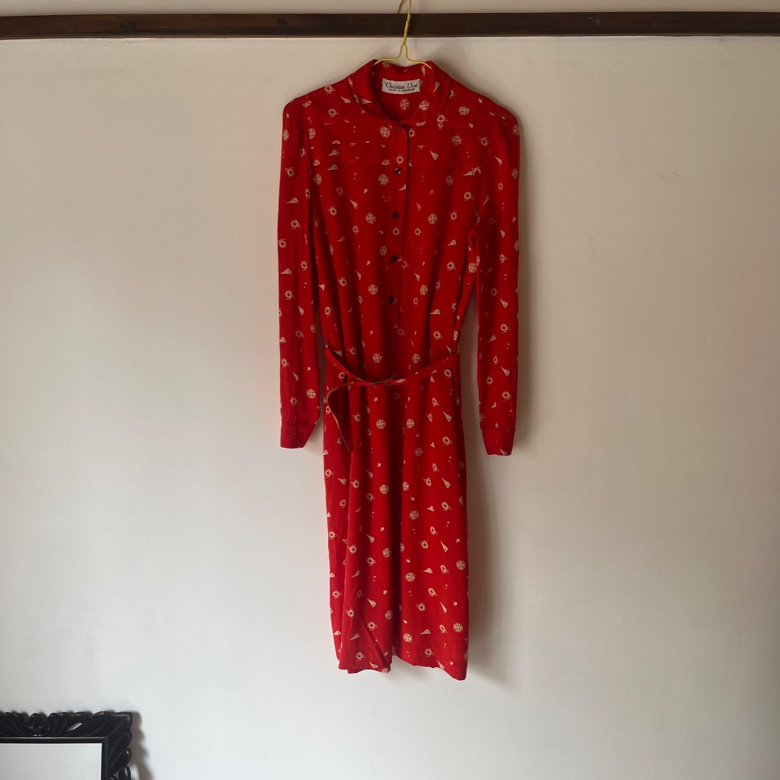 クリスチャンディオール ヨット柄 ヴィンテージ 70s 昭和レトロ ワンピース M相当 ストライプ ウエスト ベルト付き シルク 絹