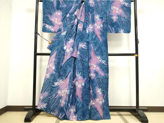有松鳴海絞り　浴衣　伝統工芸　杜若文　✨未使用保管品✨ホームクリーニング済✨ 平和屋本店□極上 夏物 浴衣 有松鳴海絞り 杜若 蜻蛉 綿 逸品