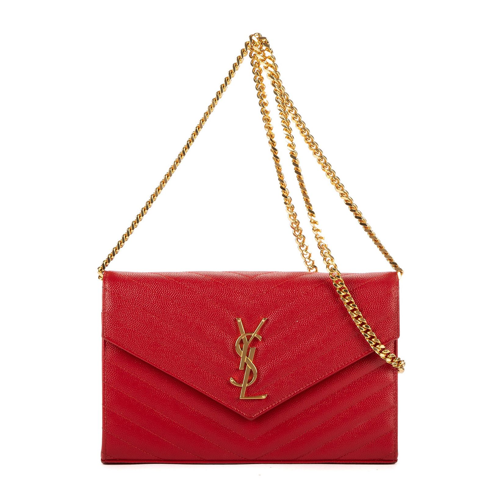 [中古] YVES SAINT LAURENT イヴサンローランチェーンウォレット赤グレイン ド プードル レザーA