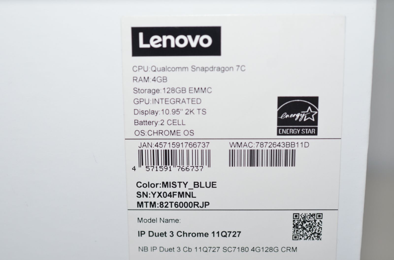 中古美品 Lenovo IP Duet 3 Chrome 11Q727 Chromebook 128GB 10.95インチ