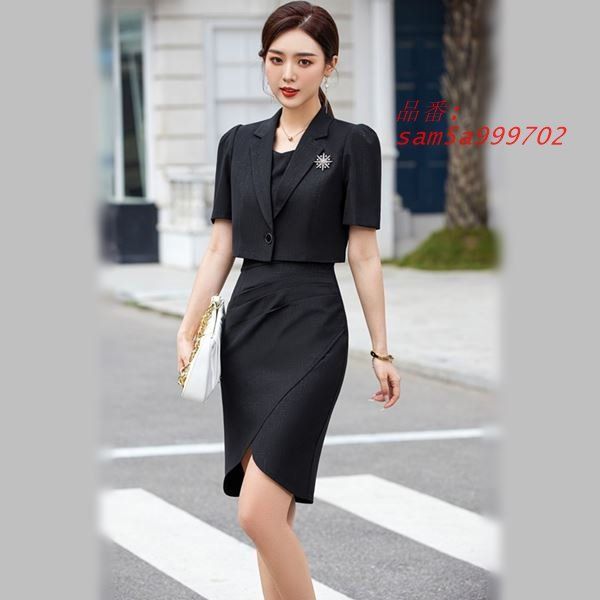 スーツ レディーススーツ OL 卒業式 入学式 しっかり素材感 半袖ショートジャケット＆ワンピースの2点セットレディーススーツ 2L 3L L サイズ SM am5a999702