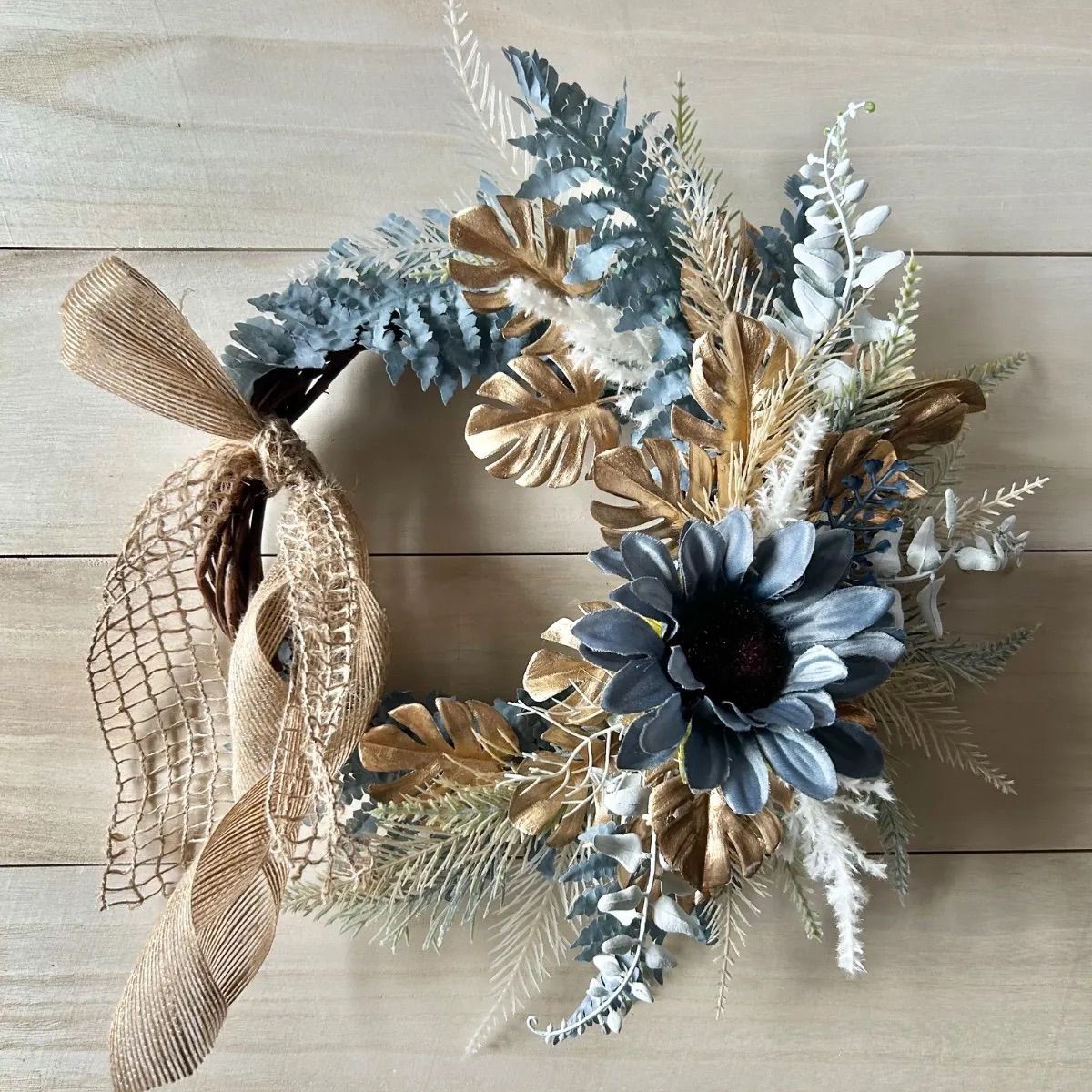 7-73大きめリース 38センチ ひまわり 向日葵 ブルー系 北欧 ボタニカル