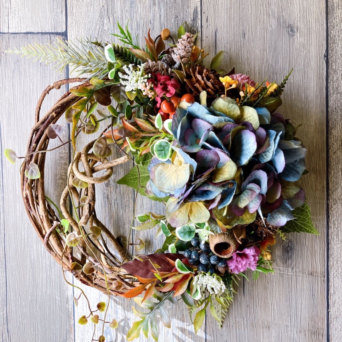 Natural＊瑠璃玉アザミとアナベルのリース＊ドライフラワーリース
