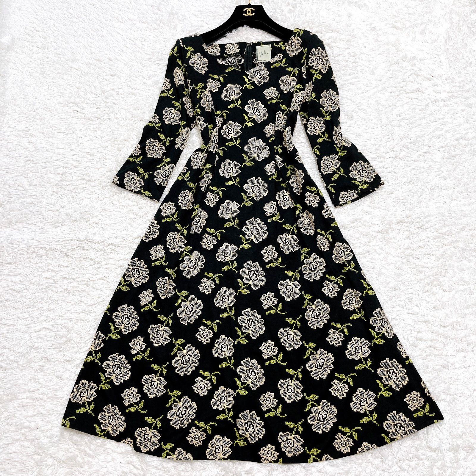 【新品】シビラ ロング ワンピース 七部袖 Aライン 40 L相当 グリーン ゴージャス✨ 美品 Sybilla シビラ 豪華総刺しゅうロング