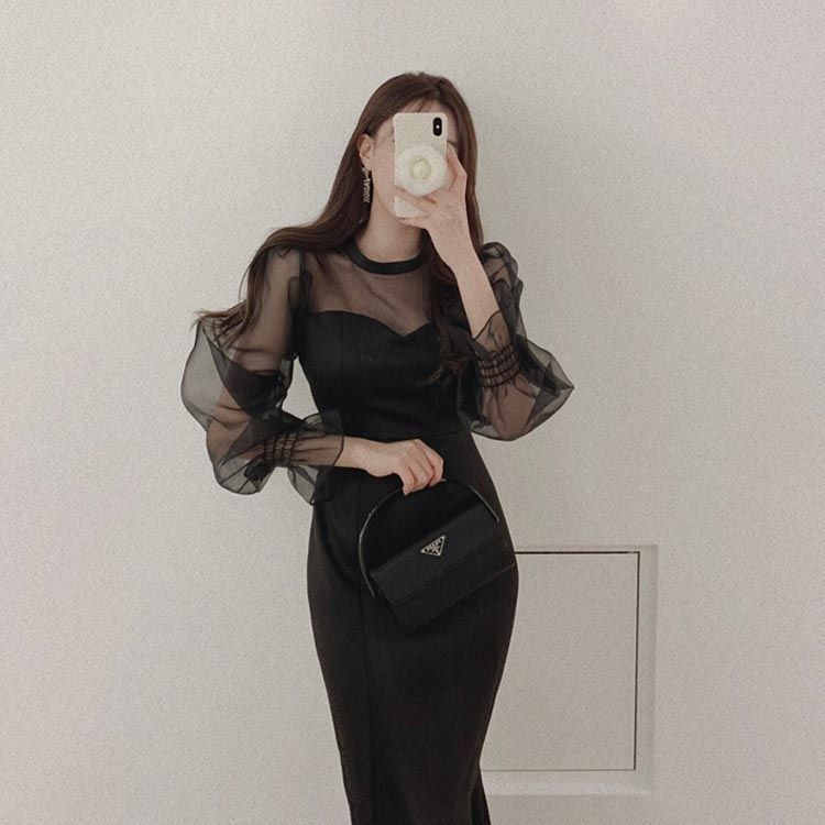 パーティードレス 袖あり 韓国 お呼ばれドレス マーメイド マーメード タイトドレス タイトワンピース ワンピース ロング丈 シースルー 透け感 レディース 春 夏 秋 冬 結婚式 二次会 披 song246