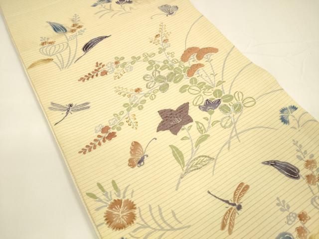 平和屋着物*夏物 アンティーク 大正ロマン 両面 全通柄袋帯 引き抜き帯 駒刺繍 蜻蛉花蝶文 草花松文 正絹 DAAY8140cm