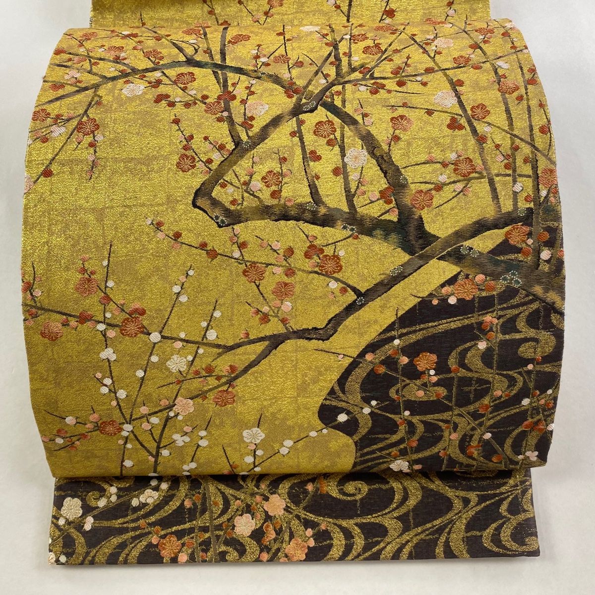 丸帯 紅白梅図屏風 松島図屏風 金糸 箔 金色 お太鼓柄 正絹