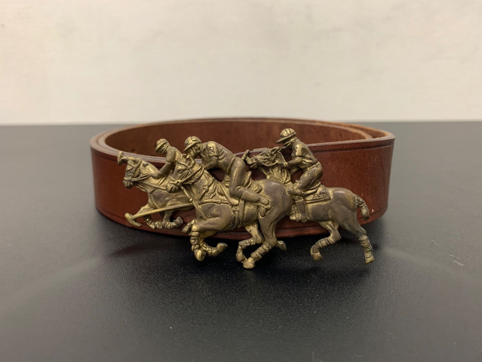 Ralph Lauren ポロ競技モチーフ 真鍮バックル レザーベルト ブラウン ヴィンテージ