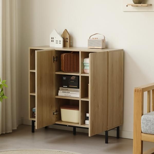 【新品】扉付きサイドボード 木目調 コード穴付 おしゃれ収納 新品】扉付きサイドボード 木目調 コード穴付 おしゃれ収納