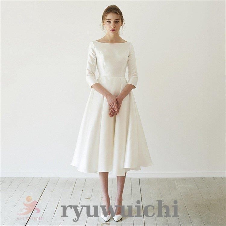 パーティードレス 袖あり 結婚式 ワンピース ドレス サテン aライン ミディアム丈 ミモレ丈 フォーマル 白 フ お呼ばれ 二次会 発表会CYB133 登場