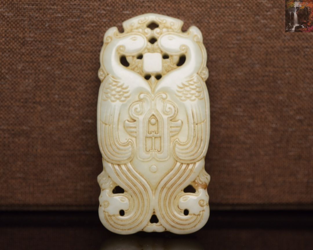 旧家蔵出し 和田玉細密彫 高古件 透空彫 雙鳳紋 玉牌 根付 置物 賞物