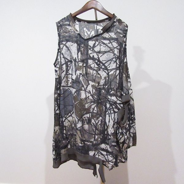 snc ジウセンソユニコ 慈雨 Sensounico チュニック 40 グレー 白 茶 ノースリーブ 総柄 シースルー 日本製 レディース 859852