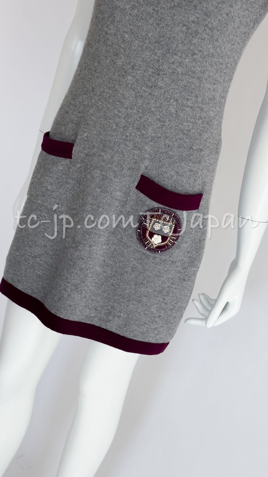 シャネル ワンピース CHANEL グレー・パープル・エンブレム・カシミア 