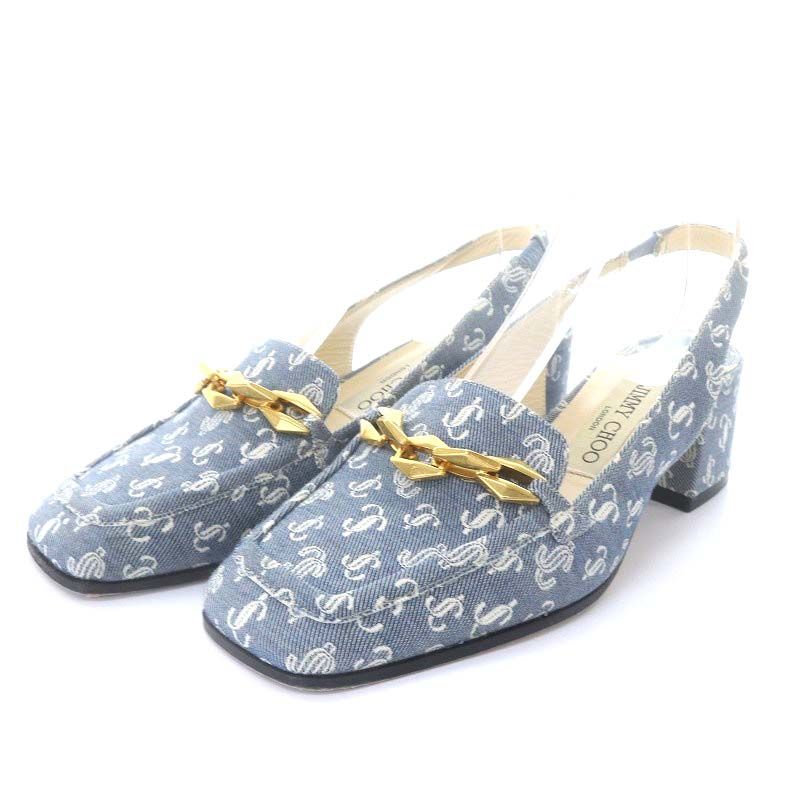 ジミーチュウ JIMMY CHOO 23SS Diamond Tilda Sling Back 45 チェーン付き JCロゴ柄 デニム スリングバックパンプス ハイヒール スクエアトゥ 36 23cm 水色 ブルー |YO12