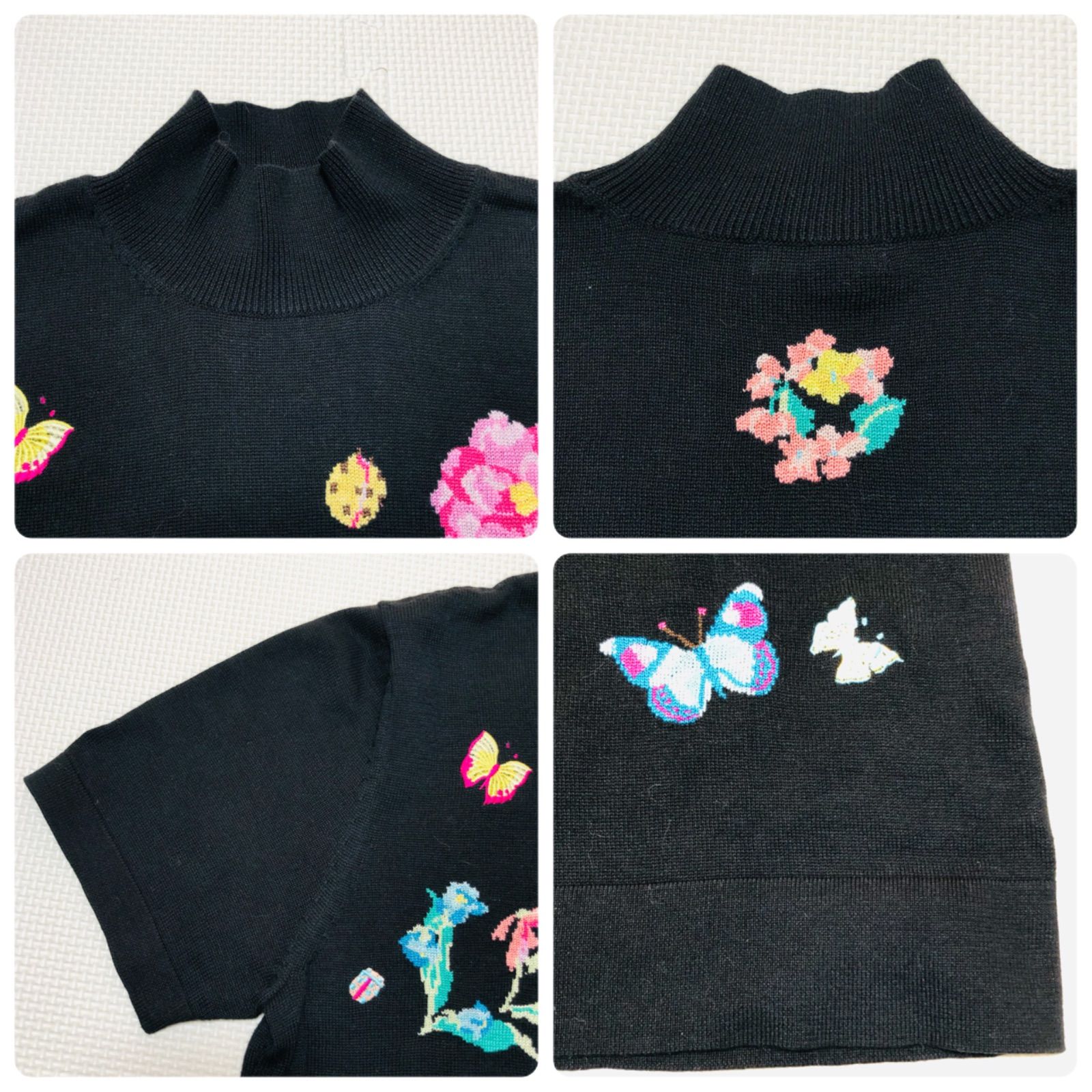 レオナール ニット セーター シルク混 半袖 花柄 ロゴ ラインストーン