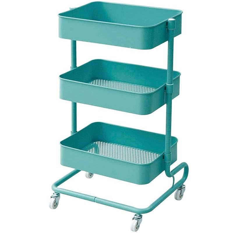 山善(YAMAZEN) キッチンワゴン 高さ調節可能 全体耐荷重60k メッシュタイプ キャスター付き 幅46×奥行38×高さ81cmg バスケットトローリー 組立品 ターコイズブルー LBT-3(TBL) 1