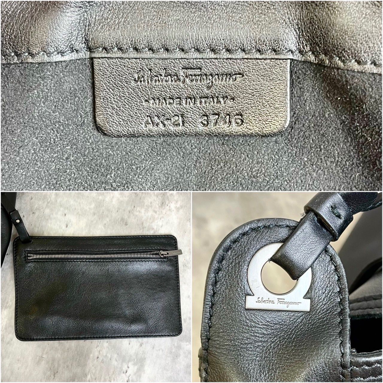 ✨良品✨  Salvatore Ferragamo サルヴァトーレフェラガモ  ショルダーバッグ トートバッグ 巾着 ポーチ付き ガンチーニ A4収納 シルバー金具 ロゴ型押し レザー レディース ブラック 黒色