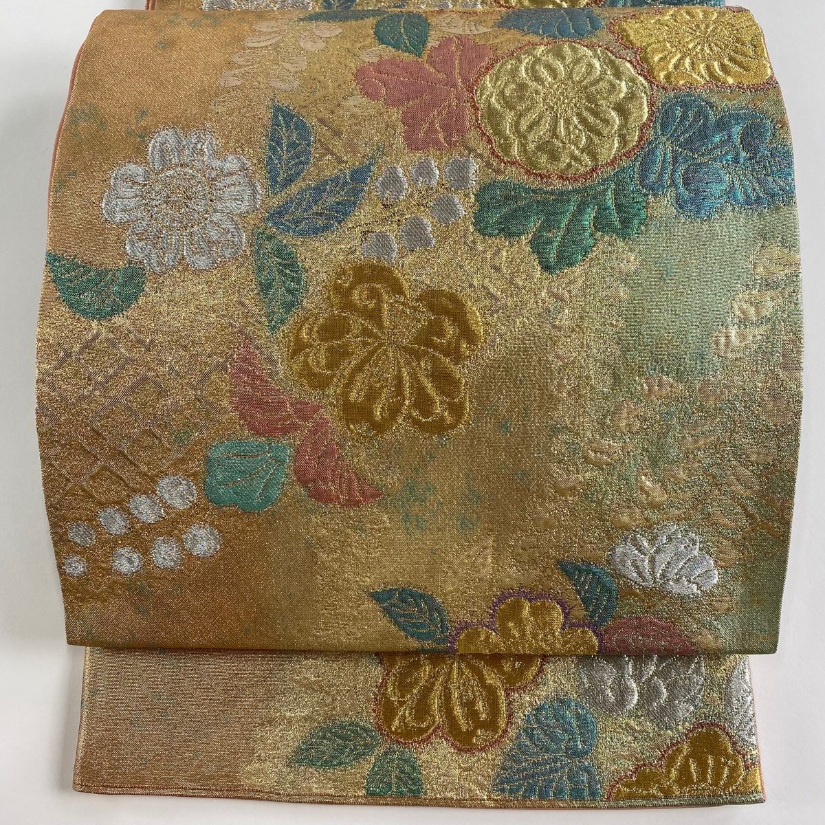 美品　落款　辻ヶ花　袋帯　くすみブルー×茶系 袋帯 美品 秀品 振袖向き 辻が花柄 箔 小豆色 六通 正絹 中古