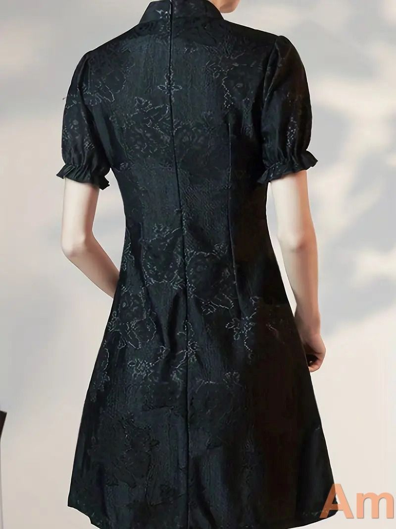 チャイナドレス ミニ チャイナドレス風 ワンピース コスプレ 衣装 チャイナ服 ブラック パフスリーブ フ スカート パーティードレス 結婚式 0781 min MAAHADDERANG_COM