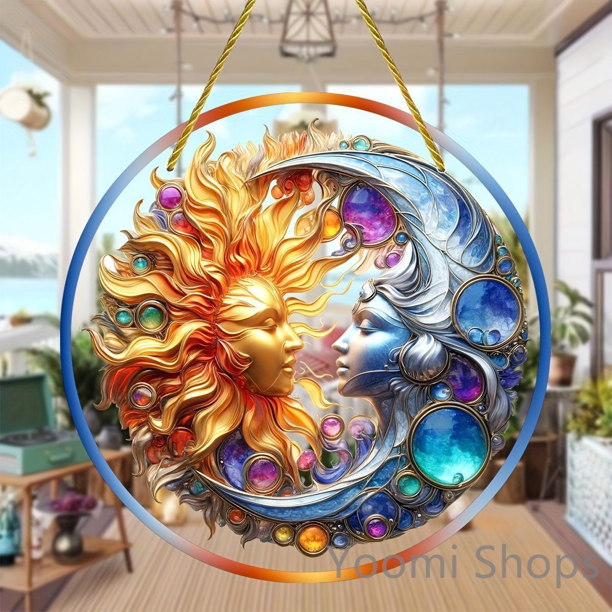 【新品未使用】サンキャッチャー 太陽と月のステンドグラス風アクリルサンキャッチャー 20.32cm x 20.32cm すべての季節にぴったり ポーチ