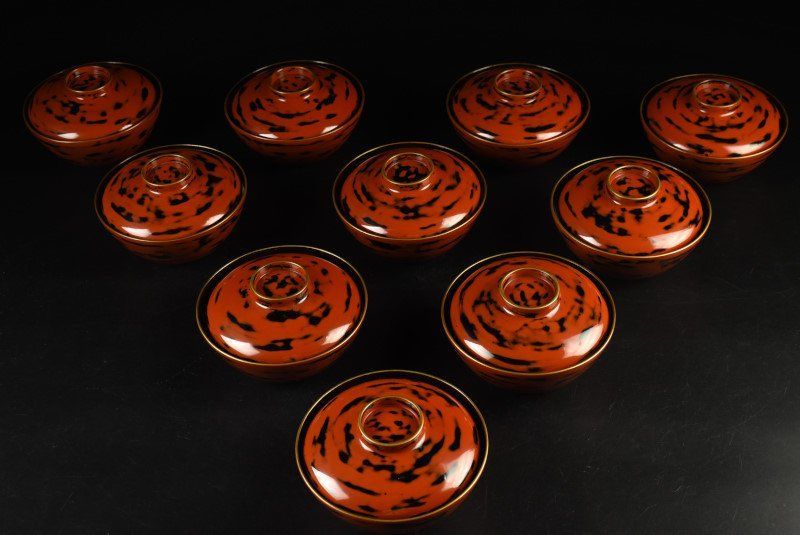 蔵A3526 輪島塗 根来見返蒔絵馬文 吸物椀 蓋物 十客