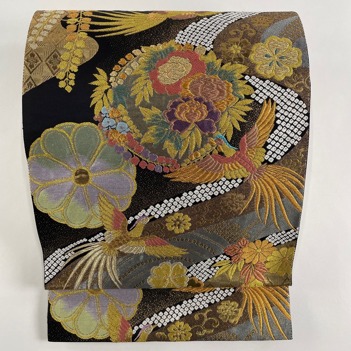 袋帯 美品 秀品 華文 花丸文 金糸 箔 深緑 六通 正絹 【中古】 袋帯