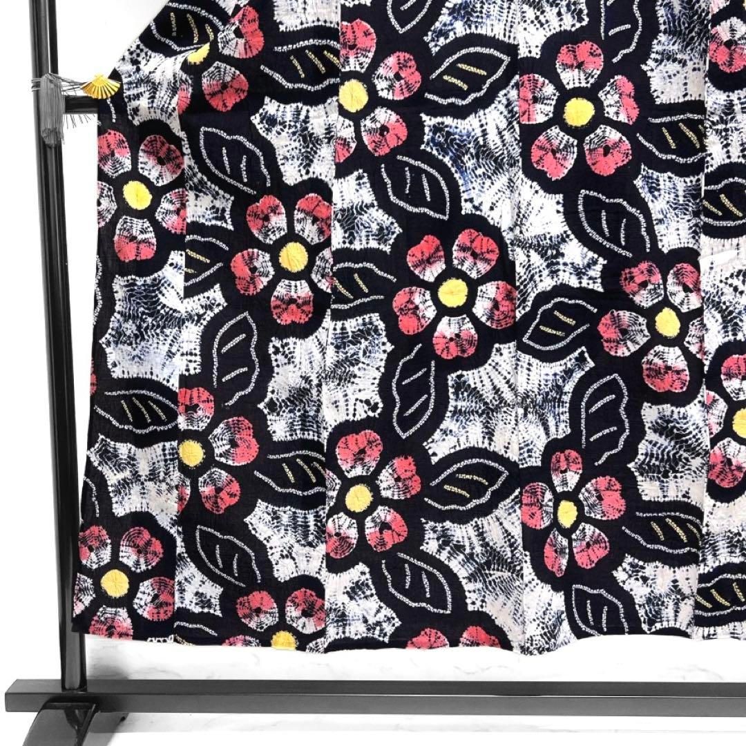 浴衣　有松鳴海絞り　花模様　リーフ 板締め　藍染　着物　063a d 浴衣 有松鳴海絞り 花模様 リーフ 板締め 藍染 着物 063a d