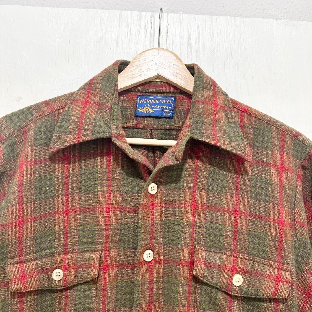 60s WONDER WOOL by ARROW ヴィンテージ ウールネルシャツ 60年代 タータンチェックシャツ 赤×グリーンチェック フランネルシャツ M レッド 赤 古着 ユーズド