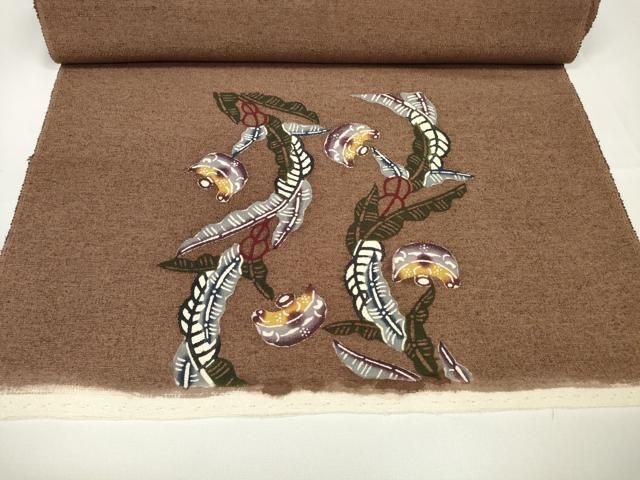 平和屋本店■極上　本場琉球紅型　名古屋帯　帯反物　紬地　草花　焦茶色　共箱付き　逸品　未使用　DZAA11132kh5 平和屋本店□極上 本場琉球紅型 名古屋帯 帯反物 紬地 草花 焦茶色 共