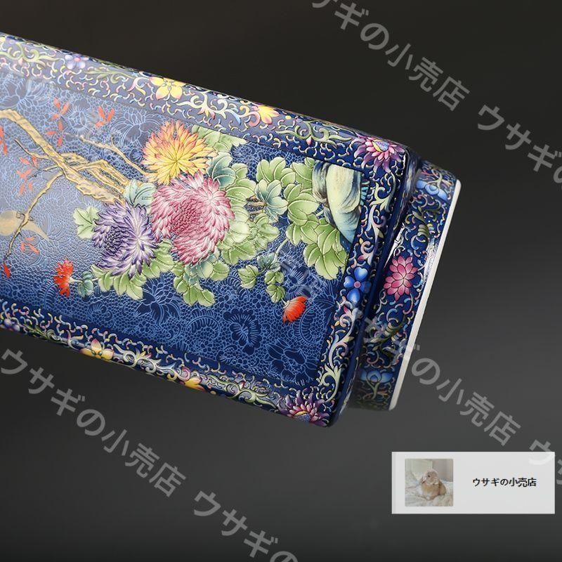 新品・未使用】磁器藍地琺瑯彩花鳥紋四方瓶 景徳鎮 陶磁器 装飾