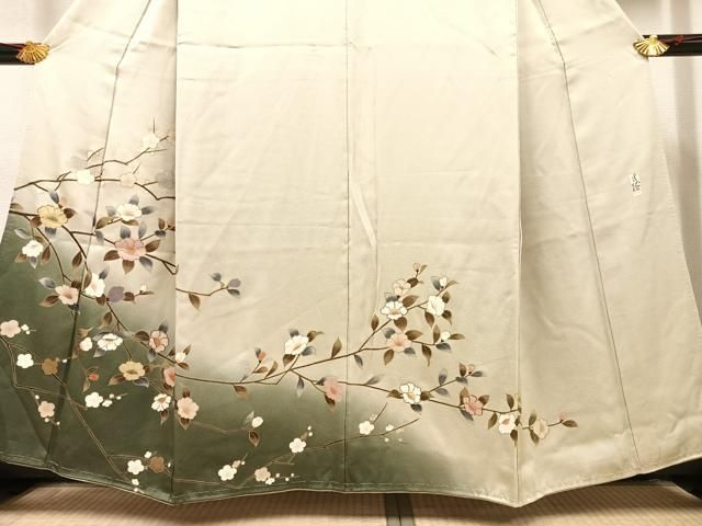 平和屋着物○訪問着 枝花文 暈し染め 黒地 銀彩 正絹