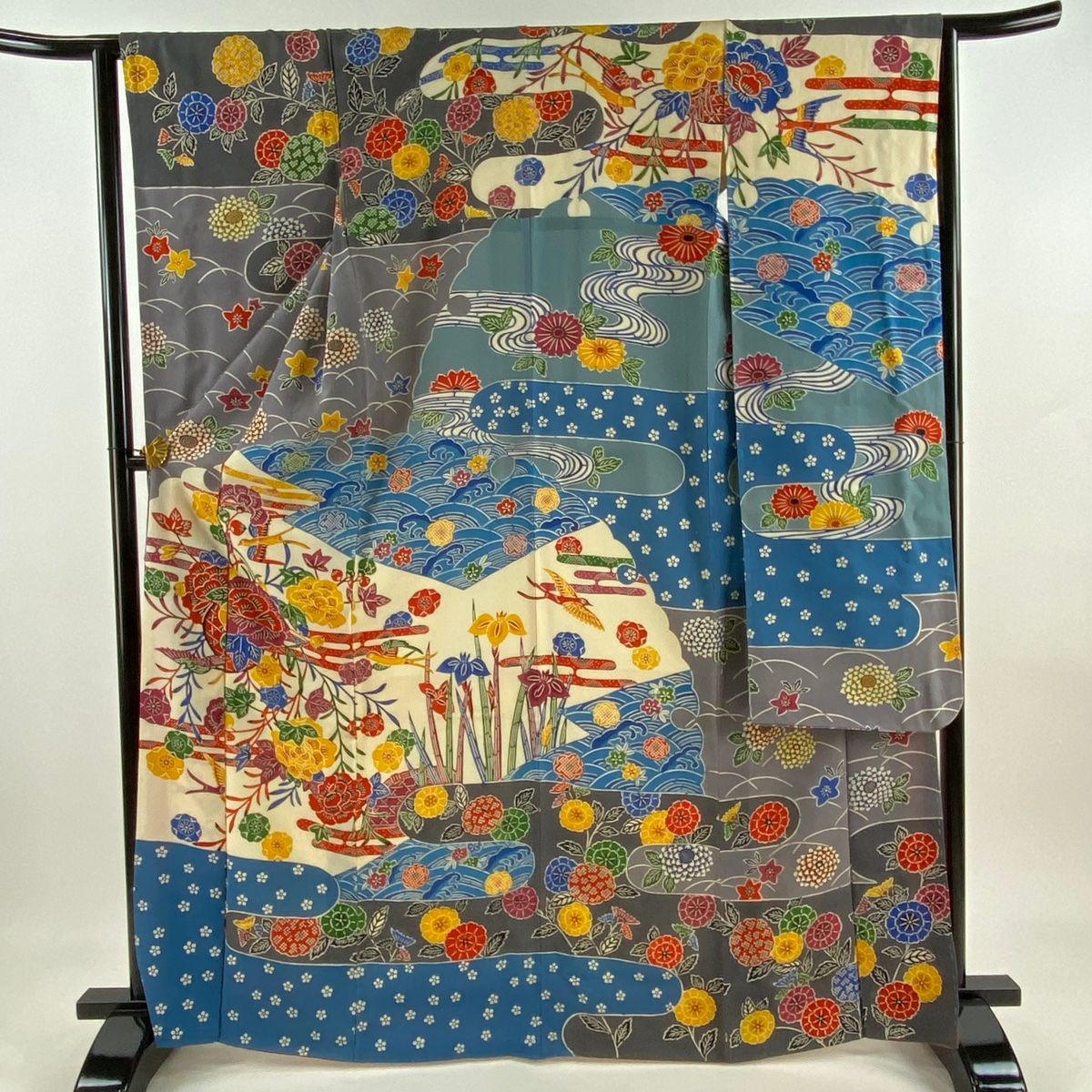 振袖 身丈167cm 裄丈63.5cm S 袷 花籠 ヱ霞 縮緬 灰色 正絹