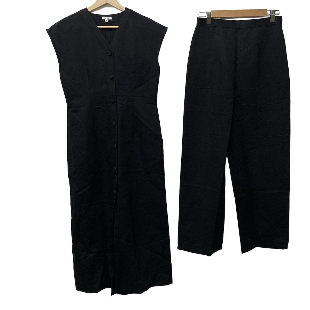 ENFOLD エンフォルド レディースパンツセットアップ レディース - 300GS133-2050 黒 麻混|フレンチスリーブ|バックスリット|ワイドパンツ