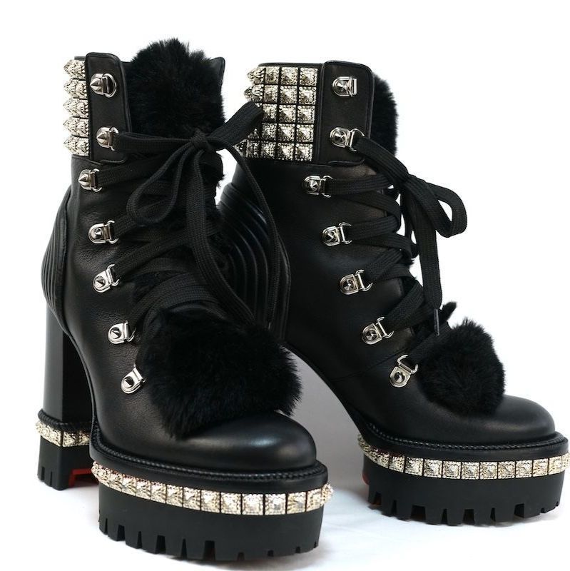 Christian Louboutin クリスチャンルブタン YETI DONNA Studded Hiking Boot Faux Fur Trim シャーリング スタッズ プラットフォーム ヒール ショートブーツ 37サイズ 約24cm ブラック