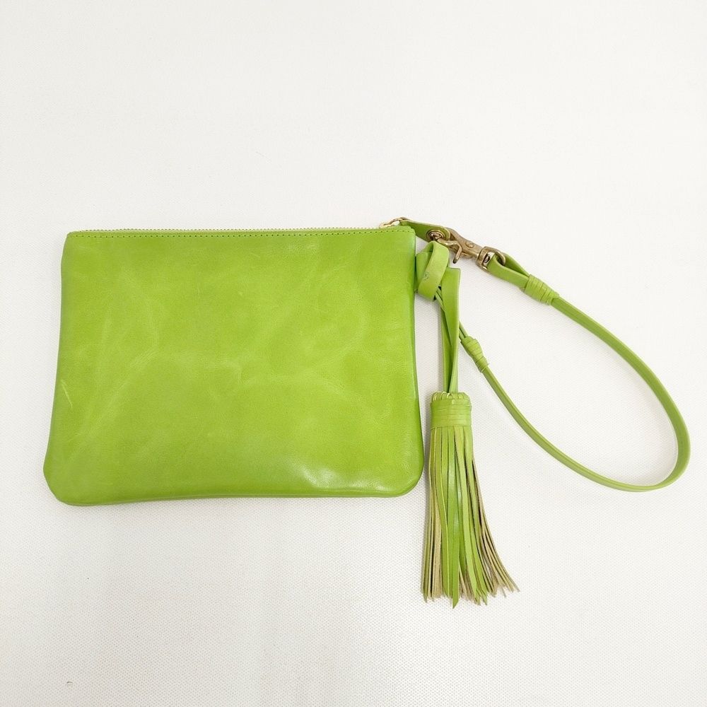 KO ケイオー 岡本敬子 レザー タッセル付きフラットバッグ クラッチバッグ キミドリ レディース【中古】5-0808G◎ KO ケイオー 岡本敬子 レザー タッセル付きフラットバッグ クラッチ