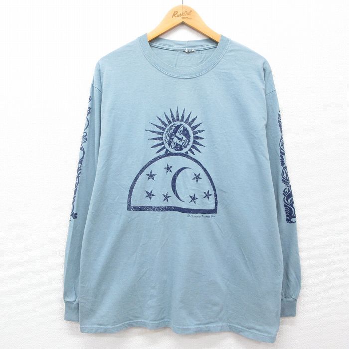 XL/古着 長袖 ビンテージ Tシャツ メンズ 90s 太陽 月 星 クルーネック 薄紺 ネイビー 24aug28 中古