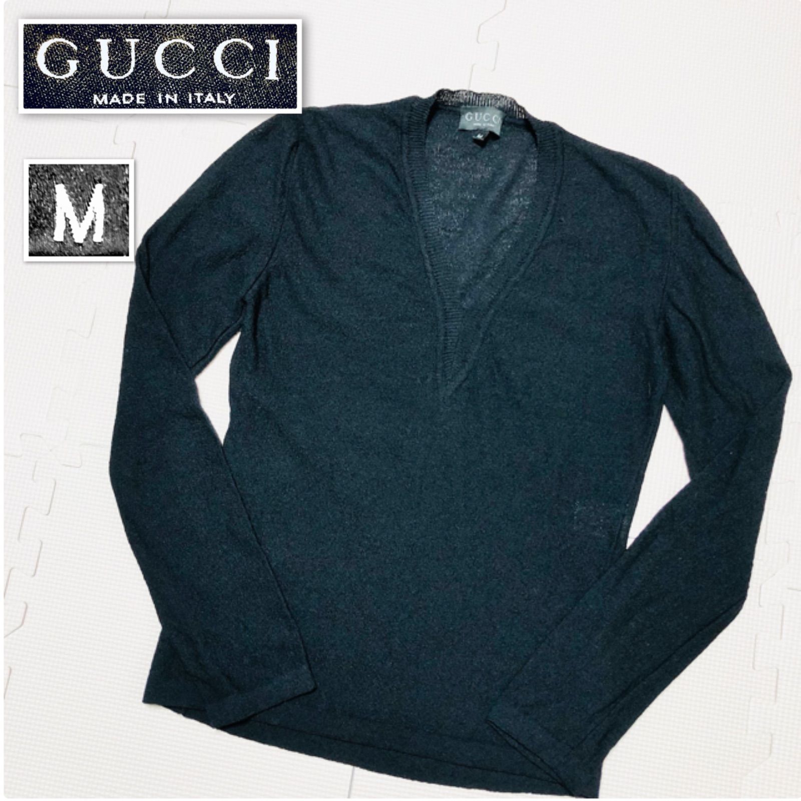 GUCCI グッチ　 黒 Vネック サマーニット M □良品□GUCCI グッチ サマーニットセーター Vネック 長袖 ウール