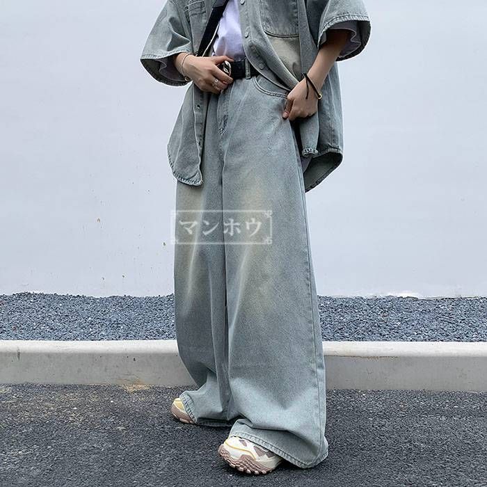 半袖シャツ／ワイドレッグパンツ デニムセットアップ r-1941 Z1975 ワイドレッグ プリーツ入りデニムパンツ - ブルー | ZARA