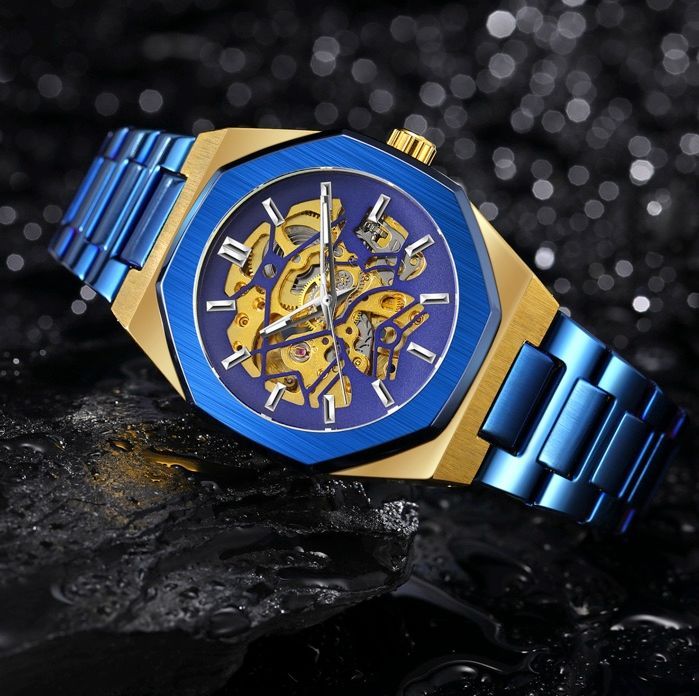 新品 送料無料 3D フルスケルトン 自動巻き 機械式メンズ腕時計ブルー