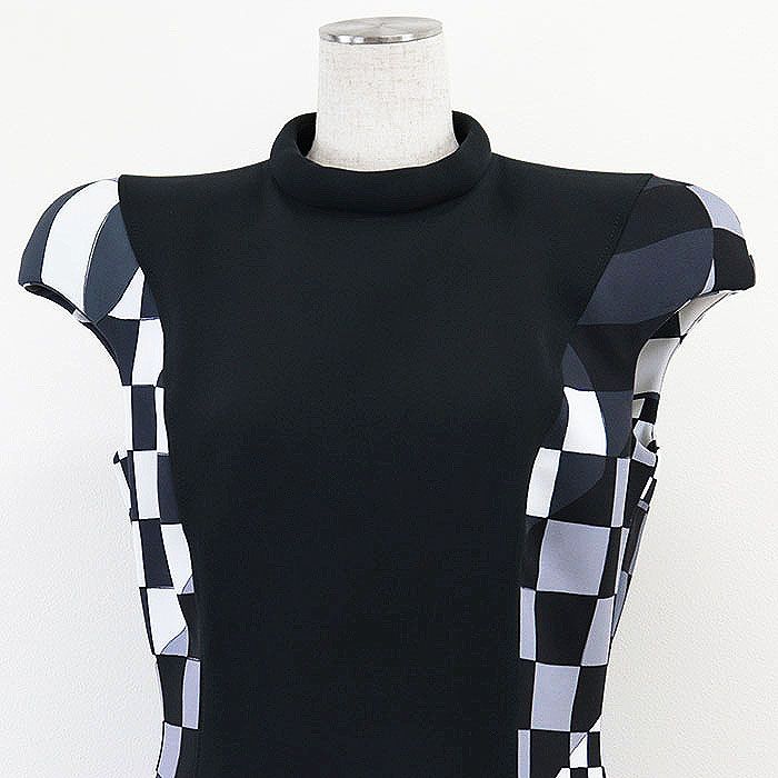 Emilio Pucci エミリオ プッチ ワンピース モノトーン PUCCI ロゴ モックネック フレンチ キャップスリーブ チェッカー 幾何学模様 アート 切替 伸縮性 ドレス レディース 42 ブラック グレー ホワイト 黒 灰色 白 伊製