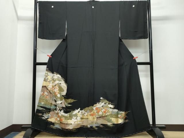 平和屋着物○豪華黒留袖 駒刺繍 飛鶴屏風草花文 金彩 正絹 逸品 未使用