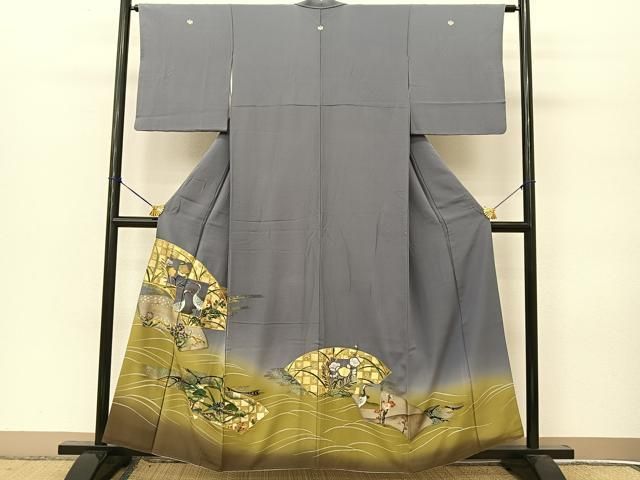 平和屋着物□豪華色留袖 手描き 駒刺繍 地紙飛鶴花文 暈し染め