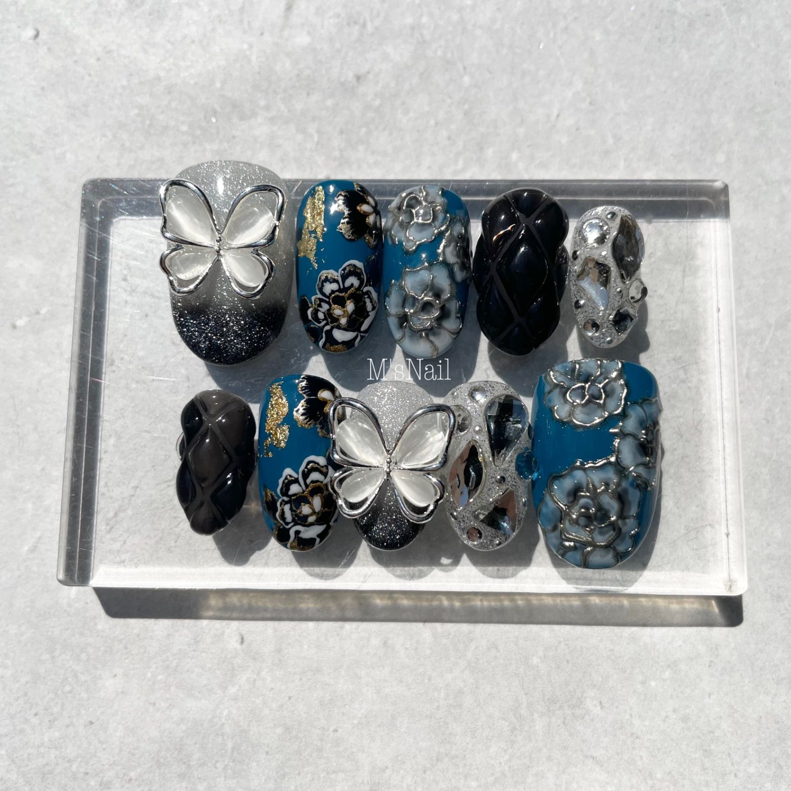 ネイルチップ 成人式 振袖 和柄 和装 着物 青 ネイルチップ 成人式